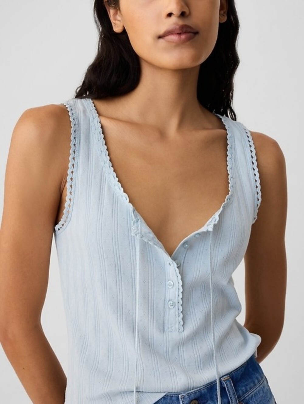 Gap Doen Pointelle Tank Top Dublin Blue Shirt Lace Scoop Neck Tie Cotton Small